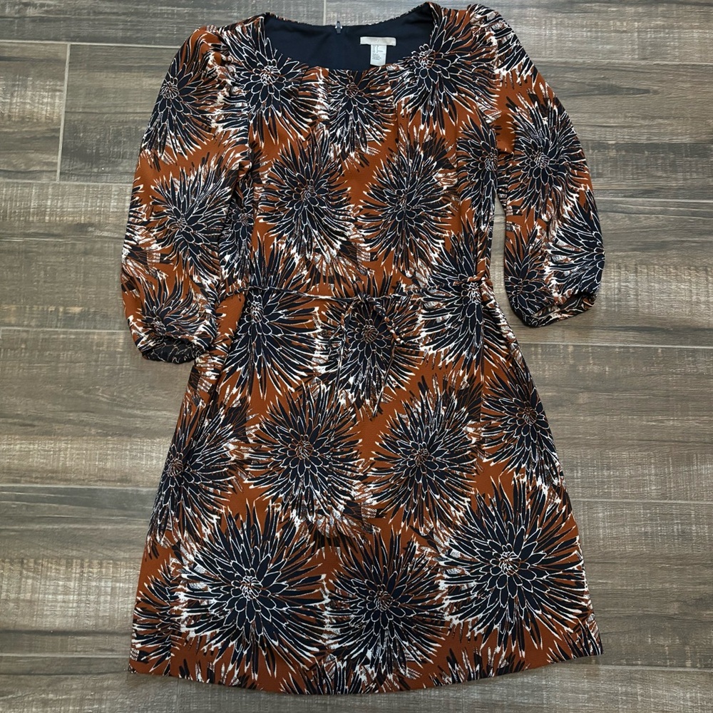 H&M Floral Fall Shift Dress Navy Blue and Brown